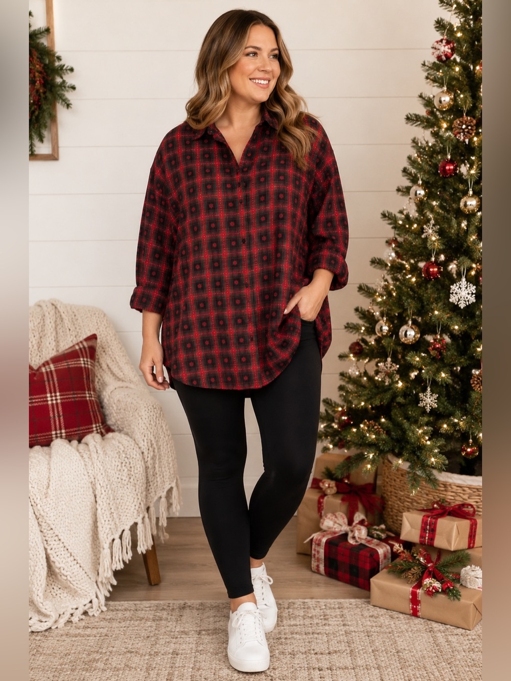 Seventh Avenue Vintage Holiday Plaid Poinsettia Button Down Shirt 1X